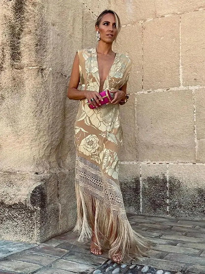 Women V Neck Printed Irregular Tassels Dress Sexy Sleeveless Backless Slim Dresses 2024 Summer Female Casual Party Prom Vestido