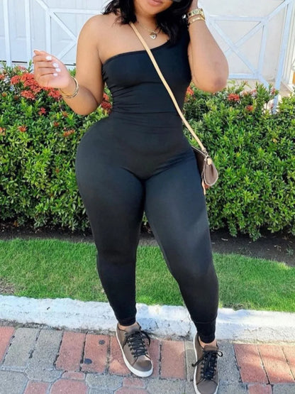 LW Plus Size One Shoulder Sleeveless Skinny Stretchy Jumpsuit Women Backless Sexy Summer Black Body Suit Playsuit