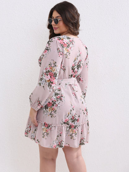 Plus Size Women Flower Print Chiffon Sexy V Neck  Out Long Sleeve Dress Female Elegant  Party Dresses Wholesale DropShipping