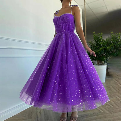 Summer Bling Stars Sequin Dress Women Vintage V Neck Sexy Mesh Dresses Ladies Spaghetti Strap Party Tulle Dress Vestidos Mujer