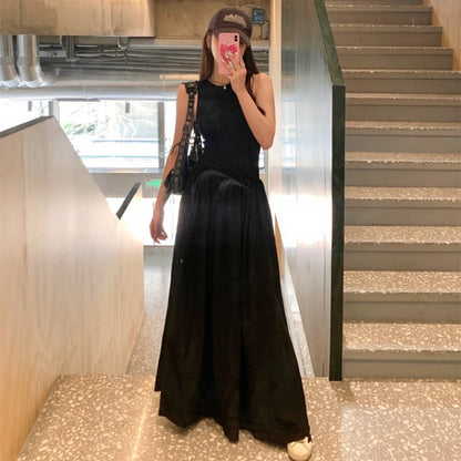 Black Women's Dress Round Neck Sleeveless Vest Vintage Design High Waist Long Korean Elegant Spring Summer Outdoor Dating Wear
