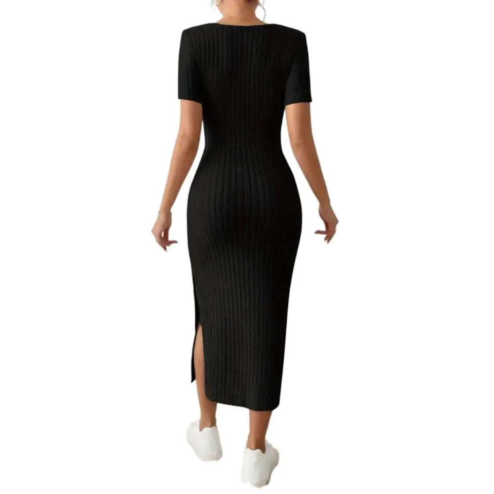 Women Dress Elegant Square Neck Midi Dress for Women Knitted Elastic Skinny Solid Color Summer Dress with Split Hem for Parties
