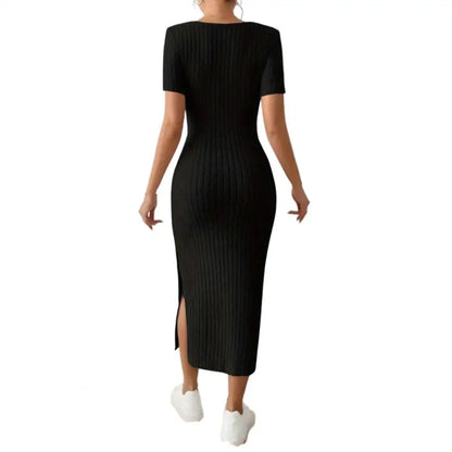 Women Dress Elegant Square Neck Midi Dress for Women Knitted Elastic Skinny Solid Color Summer Dress with Split Hem for Parties