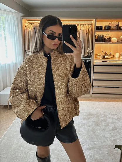 Chic Shinny Sequin Women Cropped Jacket Stand Collar Long Sleeve Lady Solid Coat 2023 Autumn New Female Gold Street Overcoat
