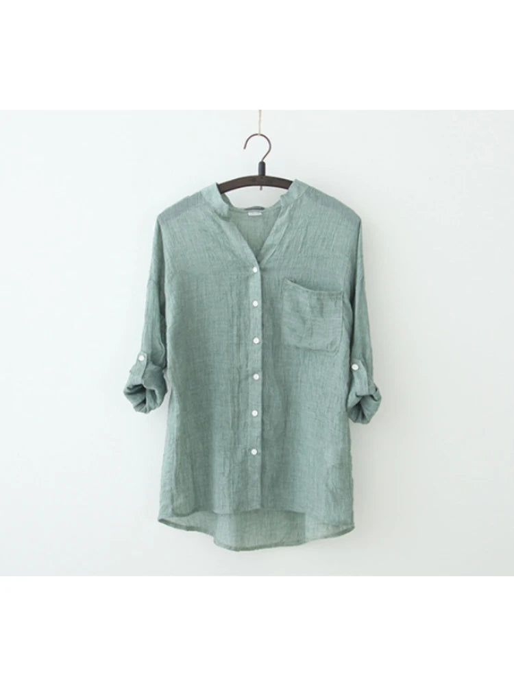 Casual Long Seleeve Literature Femal Autumn Blouse Cotton Linen Shirt Woman Vintage Winter Loose Stand-up Collar Shirt