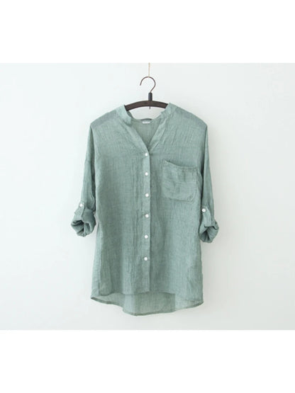 Casual Long Seleeve Literature Femal Autumn Blouse Cotton Linen Shirt Woman Vintage Winter Loose Stand-up Collar Shirt