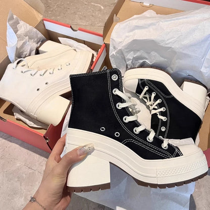 Women Canvas Shoes Lace Up Fashion High Heel Platform High Quality Ankle Boots Casual Classic Versatile Outdoor Shoes For Female