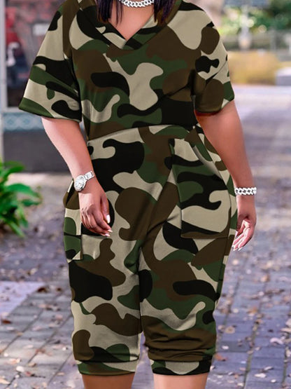 LW Plus Size Camo Print Pocket Design Jumpsuit Autumn Women V Neck Streetwear Rompers Female Sleeve Bodycon Tube Short Trousers