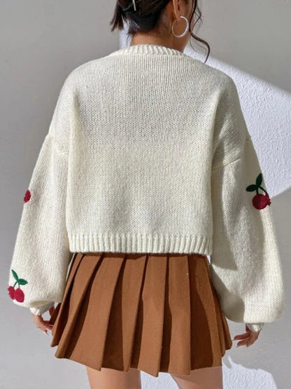 Women acute s Open Front Knit Cardigan Cherry Jacquard Long Sleeve Chic Loose Sweater Fashion Cropped Jacket for Spring Fall