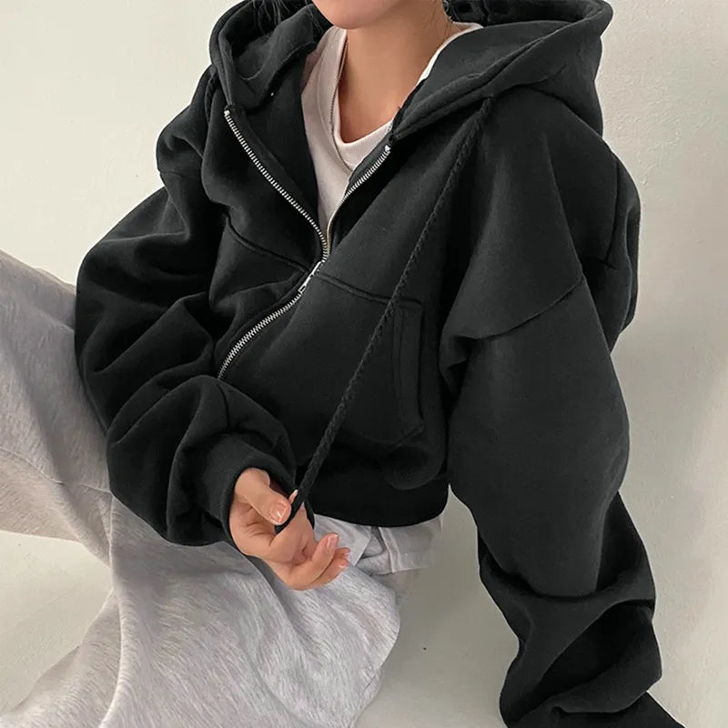2024 Autumn Retro Solid Color Zip Up Oversized Hooded Sweatshirts Women Harajuku Korean Version Long Sleeve Short Hoodies Coat