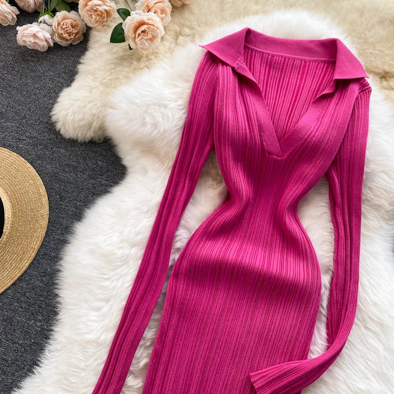 YuooMuoo Autumn Winter Knit Rib Wrap Midi Pencil Dress for Women Streetwear Korean Long Sleeve Bodycon Split Sweater Party Dress