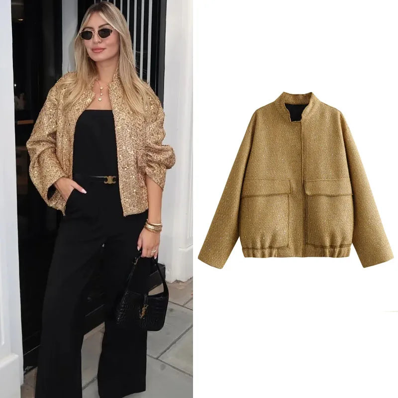 TRAF Metal SequinJackets for Women Coats Autumn Jacket New in Outerwears Round Neck Long sleeves Fashion 2023 Woman Coat