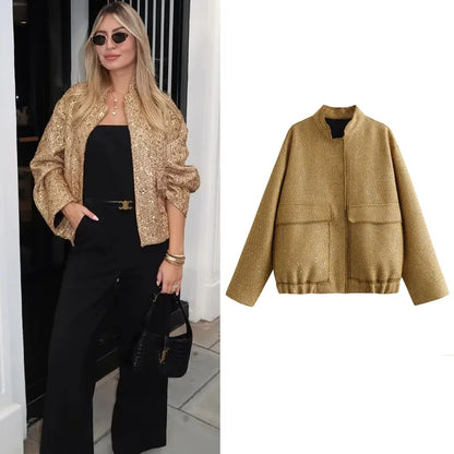 TRAF Metal SequinJackets for Women Coats Autumn Jacket New in Outerwears Round Neck Long sleeves Fashion 2023 Woman Coat