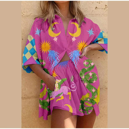 Animal Printed Women Short Sleeve Shirt Shorts Suit Casual Loose Elastic Waist Shorts Set 2023 Beach Holiday Female Outfits