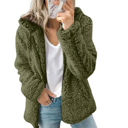 New Zipper Hooded Woolen Coat Woman Solid Fleece Jackets Cashmere Long Sleeved Loose Coats Female Winter Ladies Fashion Jacket