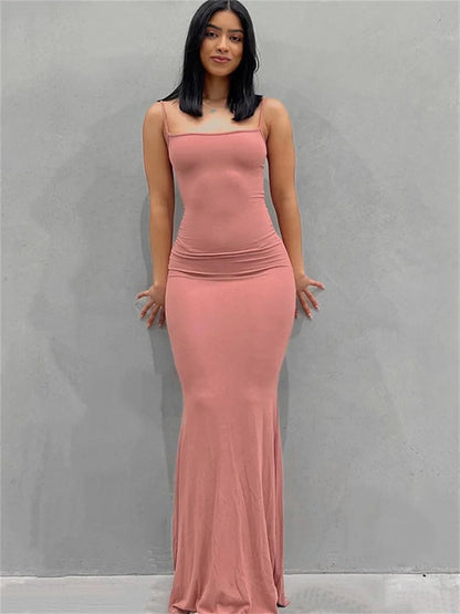 wsevypo Spaghetti Strap Bodycon Long Dress Summer  Women Sleeveless Wrapped Fish Tail Dress Solid Color Club Streetwear