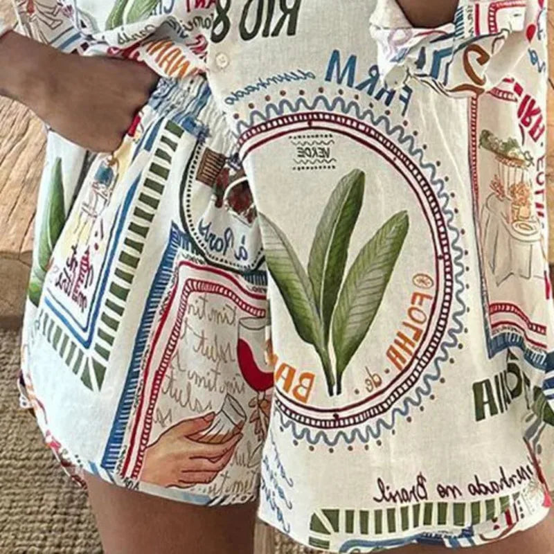 Printed Pattern Women's Shirt Set Summer Casual Geometric Long Sleeved Single Breasted Top High Waisted Loose Beach Shorts Set