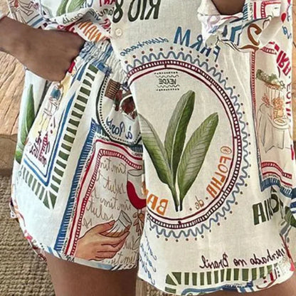 Printed Pattern Women's Shirt Set Summer Casual Geometric Long Sleeved Single Breasted Top High Waisted Loose Beach Shorts Set