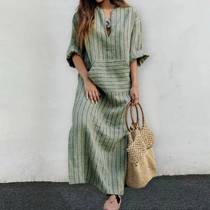 Summer Long Dress Cotton Linen Casual Dresses 2023 New Striped Loose Maxi Dress Sundress Vacation Clothes For Women