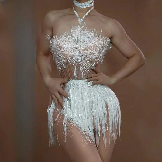 See Through Women Cocktail Brithday Gowns Sheer Sexy Luxury White Pearls Tassel Dress Black Girl Short Prom Dresses Shangxue