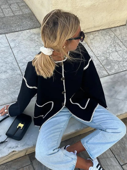 Women Round Neck Patchwork Coat Long Sleeve Single Breasted Pocket Jackets Autumn Fashion Female Streetwear Outwears