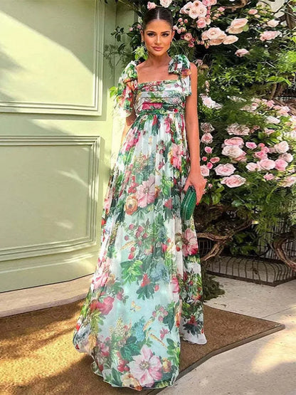 Women Elegant Backless Flower Print Maxi Dress Square Neck Sleeveless Party Dresses Autumn Female Chic Club Evening Vestidos