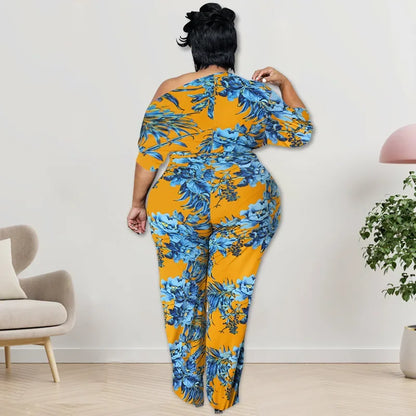 WUHE Off Shoulder High Waist Wide Leg Jumpsuit 2024 Summer Plus Size Women Print Elegant Half Sleeve Chic Overall Playsuit