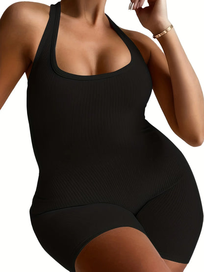 Plus Size New Summer Fashion Black Halter Sporty Jumpsuit, Women's Oversized Solid Color Sexy Body-Con Backless Clothing