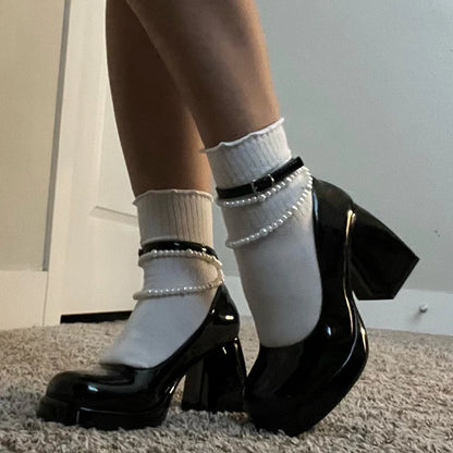 Vintage High Heels Mary Jane Shoes for Women 2023 Patent Leather Platform Pumps Woman Pearls Chain Thick-Heeled Shoes Female