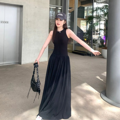 Black Women's Dress Round Neck Sleeveless Vest Vintage Design High Waist Long Korean Elegant Spring Summer Outdoor Dating Wear