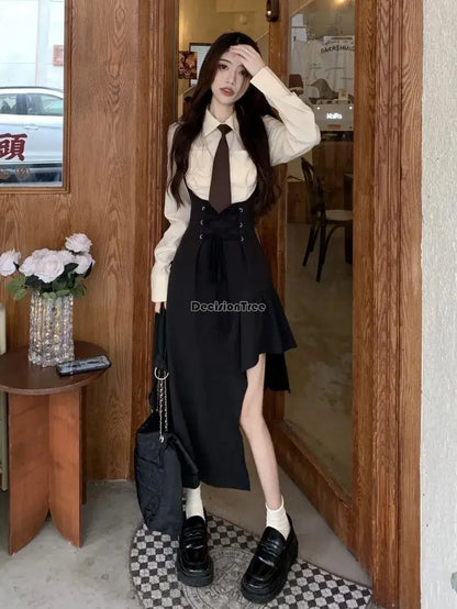 2023 spring new korean style sweet and spicy strap dress long sleeve shirt set two piece retro casual women fashion jk set s491