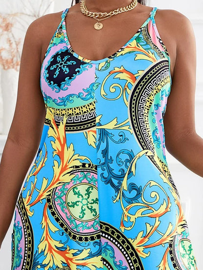 Plus Size Baroque Print Wide Leg Jumpsuit