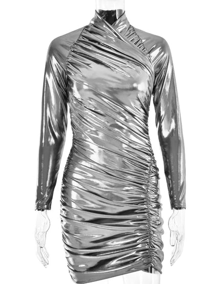 Articat Autumn Leather Long Sleeve Pleated Dress For Women Zipper Tight Irregular Female Dress Party Club Sheath Vestidos