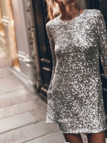 Women Fashion Shiny Sequins Mini Dress Elegant Backless Round Neck Long Sleeve Prom Dresses Sexy Party Club Ladies Vestidos