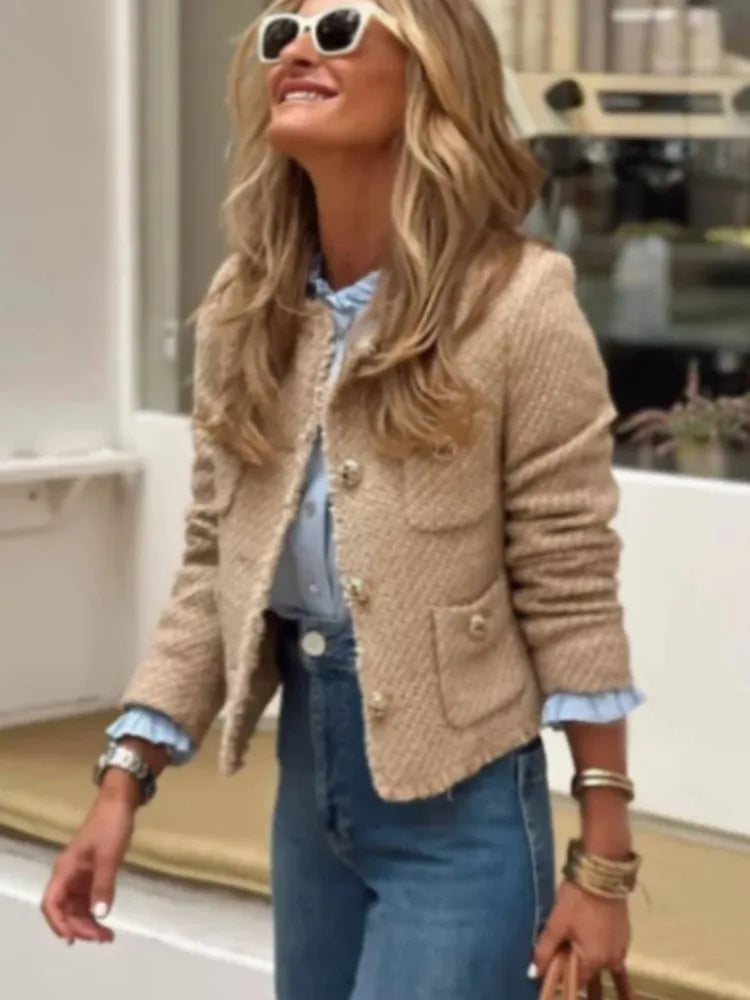 Chic Shinny Sequin Women Cropped Jacket Stand Collar Long Sleeve Lady Solid Coat 2023 Autumn New Female Gold Street Overcoat