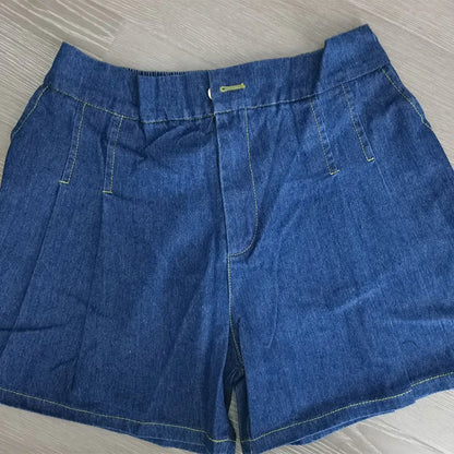 DFRCAEG  Summer Plus Size Denim Shorts For Women High Elastic Waist Blue Or Sky Blue Pleated Mini Large Size Short Femme