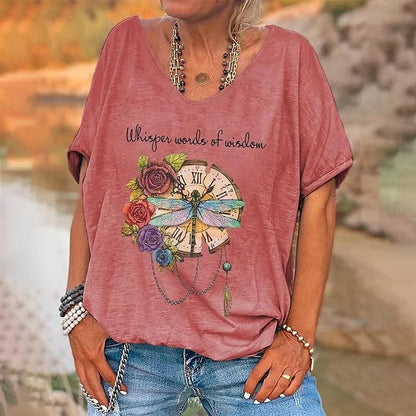 Women's T Shirt Vintage Letter Print Short Sleeve Daily Weekend Basic Girls V Neck Tshirt Female Clothing Oversized Summer Tops