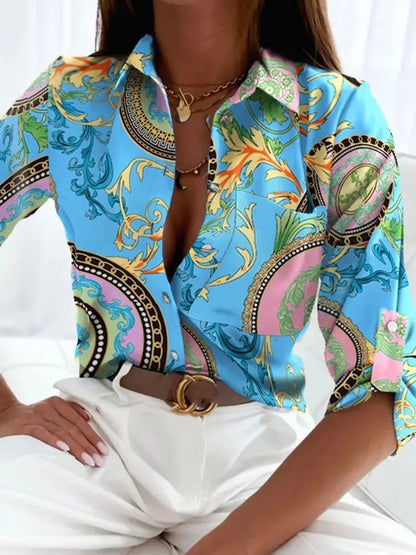 Elegant Women Blouse Spring and Autumn Temperament Top Long Sleeve Stripe Print Office Slim Fit Pocket Shirt