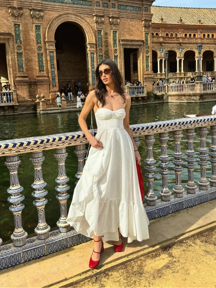 Beach Pleated Ruffle Hem Lace Sling Women Dress Fashion Tube Sleevelss Backless Female Dresses 2024 Spring Summer Sexy Lady Robe