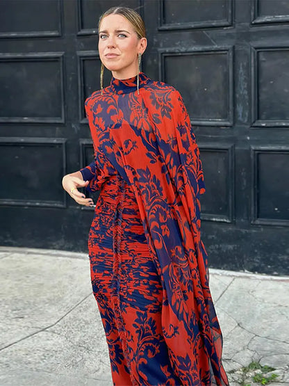 Elegant Printed Shawl Pleated Long Dress Women Fashion Round Collar Casual Bodycon Dresses 2024 Spring Chic Lady Street Vestidos