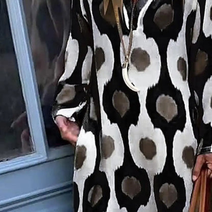 Women Fall Spring Dress V Neck Lapel Long Sleeve Color Matching Print Oversized Pullover Soft Split Hem A-line Loose Vintage Lad