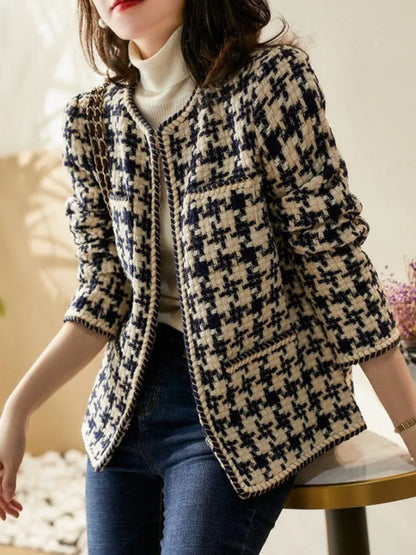 Women Fashion Elegant O-Neck Long Sleeve Chic Basic Plaid Kroean Style Casual All-match Simple Streetwear Clothing New