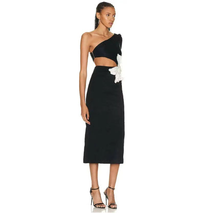 New Arrvial Women One Shoulder Long Sleeve Bandage Midi Dress Hollow Out Bodycon Celebrity Party Evening Flower Decoration Dress