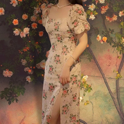 Side High Slit Bubble Sleeve Floral Dress For Women'S French Tea Break Medium Length Square Neck Slim Fit Dress Party Gift