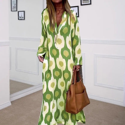 Women Fall Spring Dress V Neck Lapel Long Sleeve Color Matching Print Oversized Pullover Soft Split Hem A-line Loose Vintage Lad
