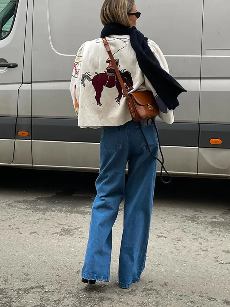 Fashion Embroidery Short Coat For Women Half High Collar Single Breasted Jacket 2024 Spring Elegant Loose Overcoat Female