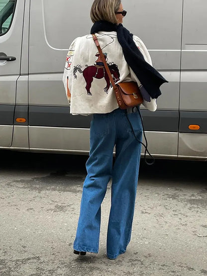 Fashion Embroidery Short Coat For Women Half High Collar Single Breasted Jacket 2024 Spring Elegant Loose Overcoat Female