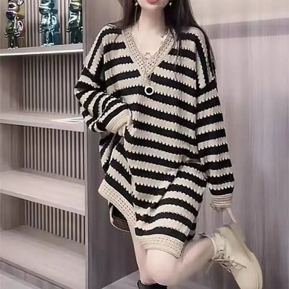 Spring Autumn New Hollow Stripe Knitted Skirt for Women's European Retro Mid Length Loose V-neck Long Sleeved Sweater Dress