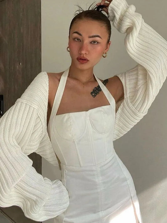 Women Ultra-short Sweater Coat 2022 Autumn Winter Long Sleeve Loose Knitted Crop Tops Solid Color Sexy Cardigan Sweaters Tops