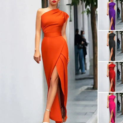 Women Ball Evening Dress Sleeveless One Shoulder Party Maxi Dress Solid Color Tight Waist High Split Prom Dress Women's Clothing